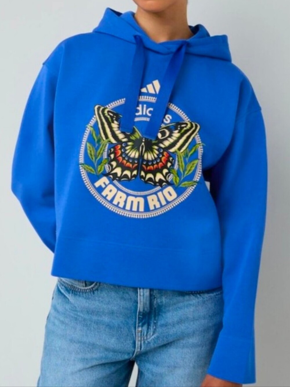 NWT Adidas x FARM Rio Blue Butterfly Oversized Boxy Hoodie Size XS